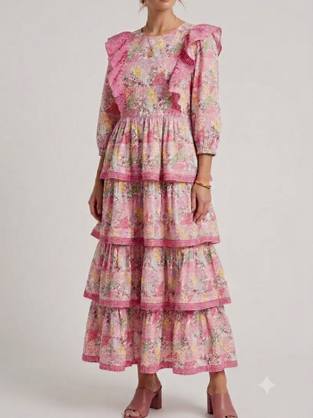 Simply Southern Patchwork Ruffle Tiered Maxi Dress Cotton Pink Floral NWOT Small